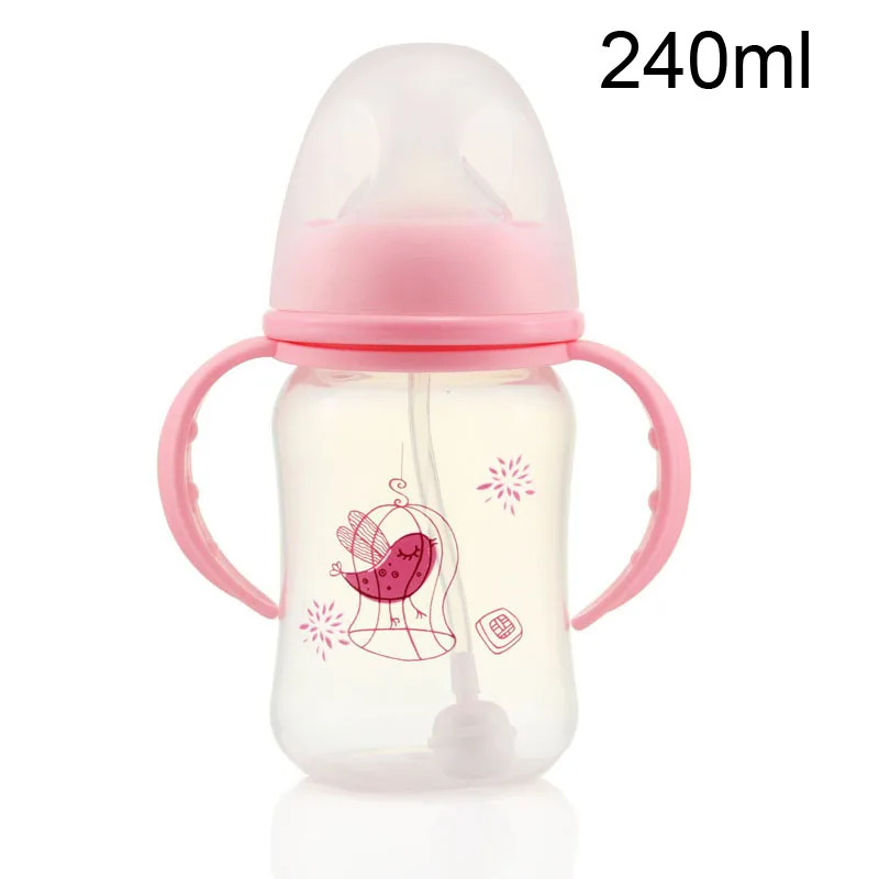 240ML Pink Поступление 150240320 мл детская бутылочка для кормления PP бутылка с ручкой стандартный размер бутылочка для кормления молочные бутылки соски - Цвет: 240ML Pink