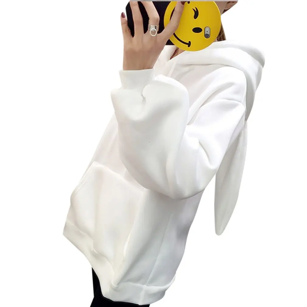Kawaii милые толстовки с заячьими ушками для женщин плюс размер длинный рукав