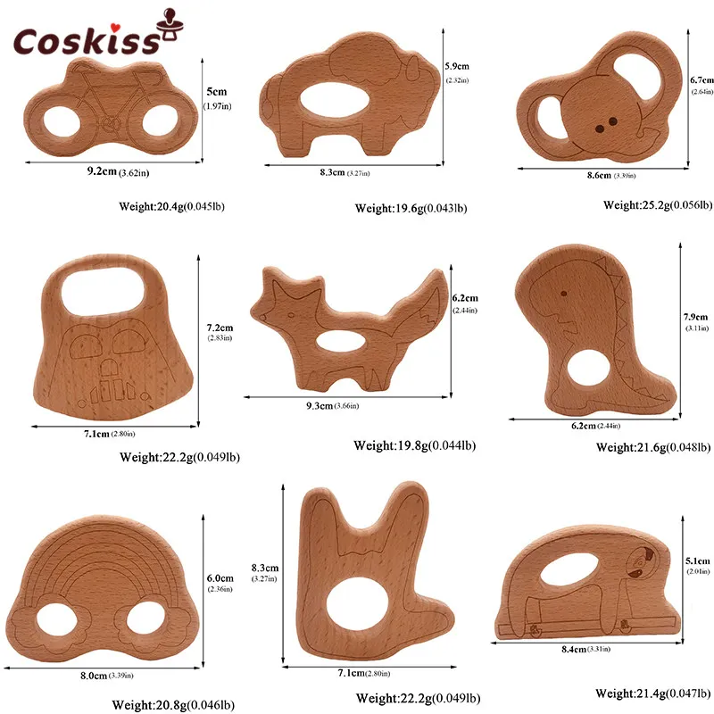 Mordedor de madera de dibujos animados para beb&eacute;, 10 piezas, dentici&oacute;n de beb&eacute; con forma de Animal Natural puro, mordedor de madera para lactancia, juguetes colgantes DIY para ni&ntilde;a-2