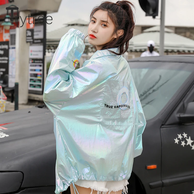Trytree летняя осенняя куртка повседневная на молнии Женская Блестящая полиэфирная