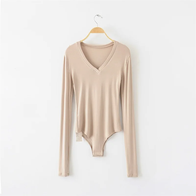 khaki Женское боди с v-образным вырезом и длинным рукавом с манжетами - Цвет: khaki
