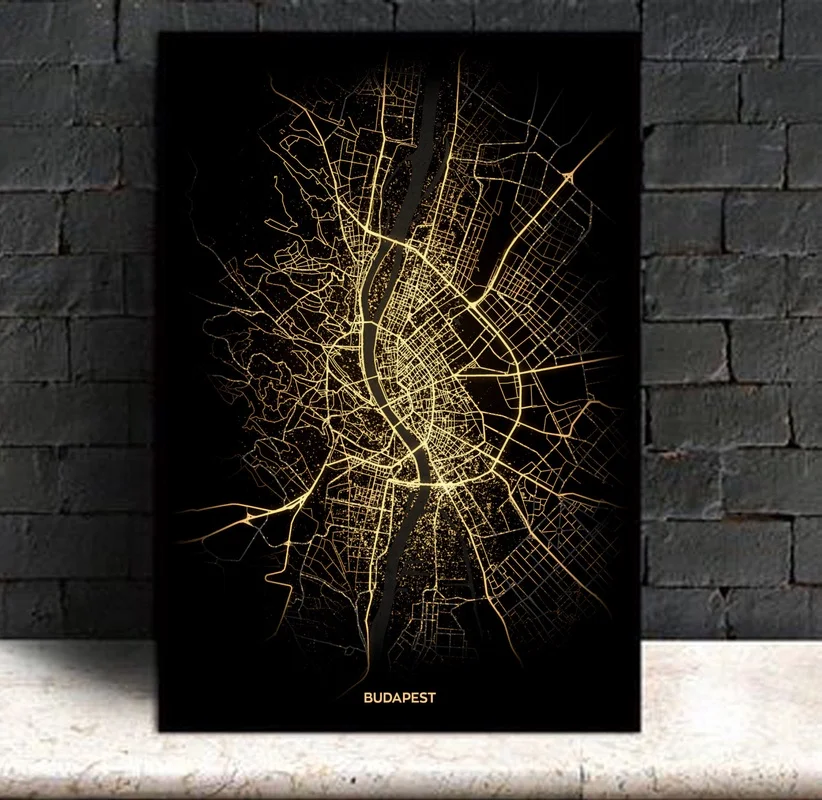 Budapest Modern City Gold Map Poster Canvas Art Print Home Room Decor |