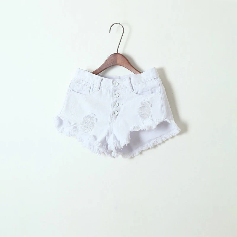 Распродажа Женские джинсовые белые шорты Разрушенные на пуговицах спереди