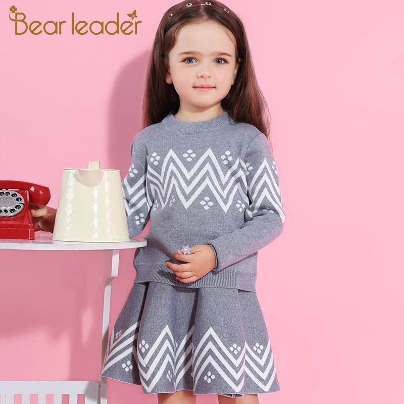 Bear Leader/комплекты для девочек г. Новые Осенние вязаные костюмы розового цвета с узором «гусиные лапки» свитер в клетку с длинными рукавами+ юбка, детские костюмы из 2 предметов для От 3 до 7 лет