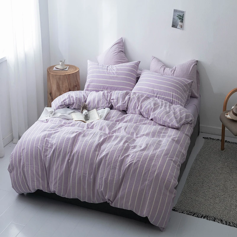 

Комплект постельного белья из чистого хлопка, 4 шт., пододеяльник, наволочка, простыня в полоску фиолетового, синего, зеленого, розового цвет...