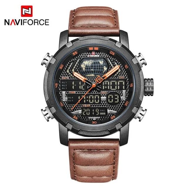 NAVIFORCE 9160 часы Мужские лучший бренд класса люкс цифровые аналоговые спортивные наручные часы военные из натуральной кожи мужские часы Relogio Masculino - Цвет: black orange