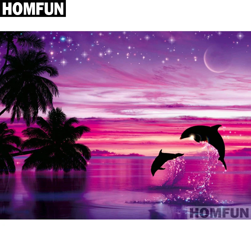 Набор для алмазной вышивки HOMFUN A01643 картина Дельфин закат с полными