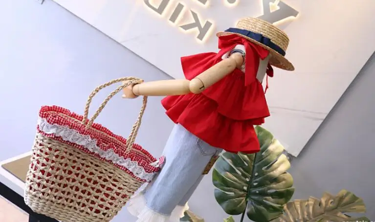 Корейский стиль 2019 летний хлопковый красный топ для маленьких девочек с оборками