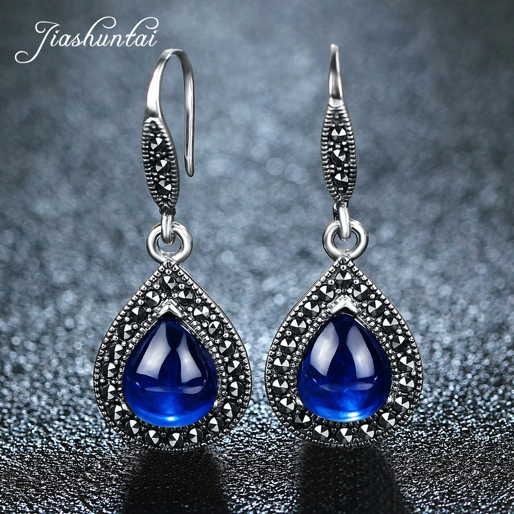 

JIASHUNTAI Vintage 100% 925 Sterling Silver Drop Earrings For Women Retro Natural Precious Stones Thai Silver Earring Jewelry