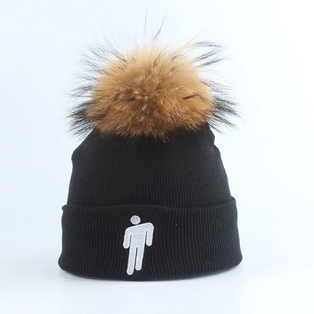 Новая мода Billie Eilish Beanie Hat Женская Мужская зимняя шапка настоящая шапка с меховым помпоном Harajuku Хип-хоп Skullies Beanies - Цвет: Черный