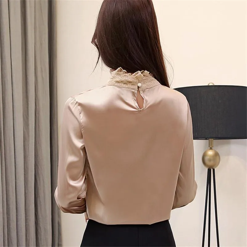 

Women Silk Satin Shirt 2019 Spring Flare Sleeve Turtleneck Solid Color Ladies Lace Shirt Tops Female Casual Office Blouse CM1217
