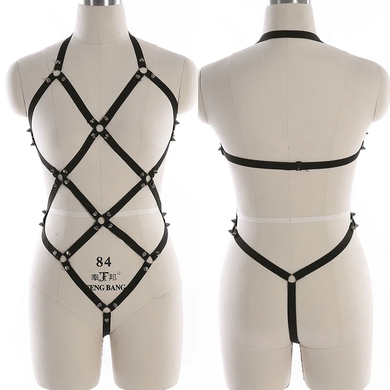 Black N0046 Body Harness Women Set Belt Garter Black Red Sexy Suit Bondage Cage Bra for Women Elastic Goth Festival Rave Dance Cosplay Wear - Цвет: Black N0046