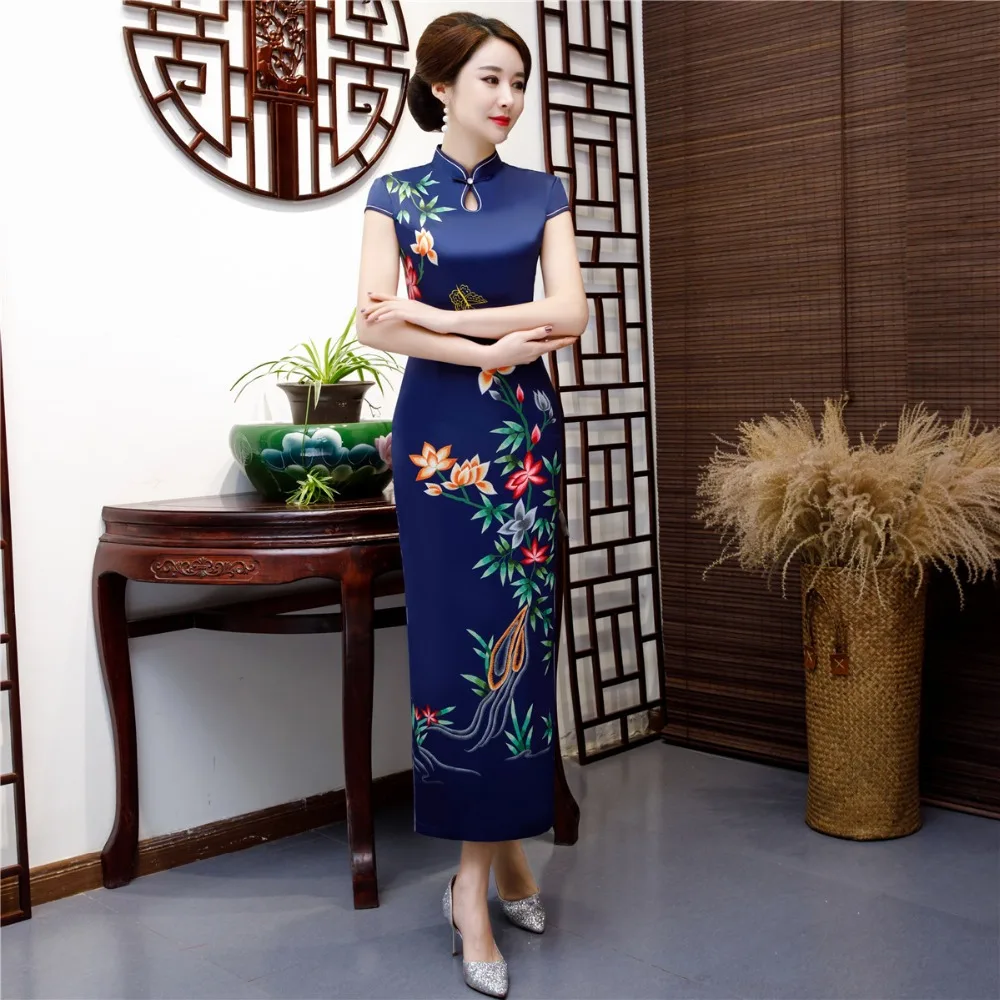 Шанхай история искусственного шелка Qipao Платье длинное Cheongsam национальный тренд платья короткий рукав тонкий Традиционный китайский платье для женщин
