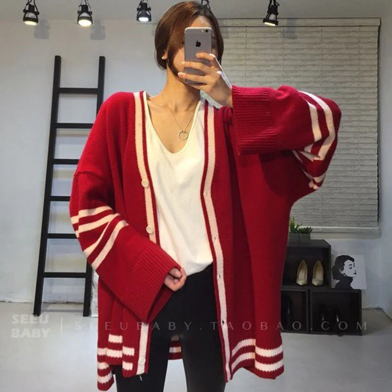 Женский свободный свитер в полоску длинный вязаный с длинным рукавом и круглым