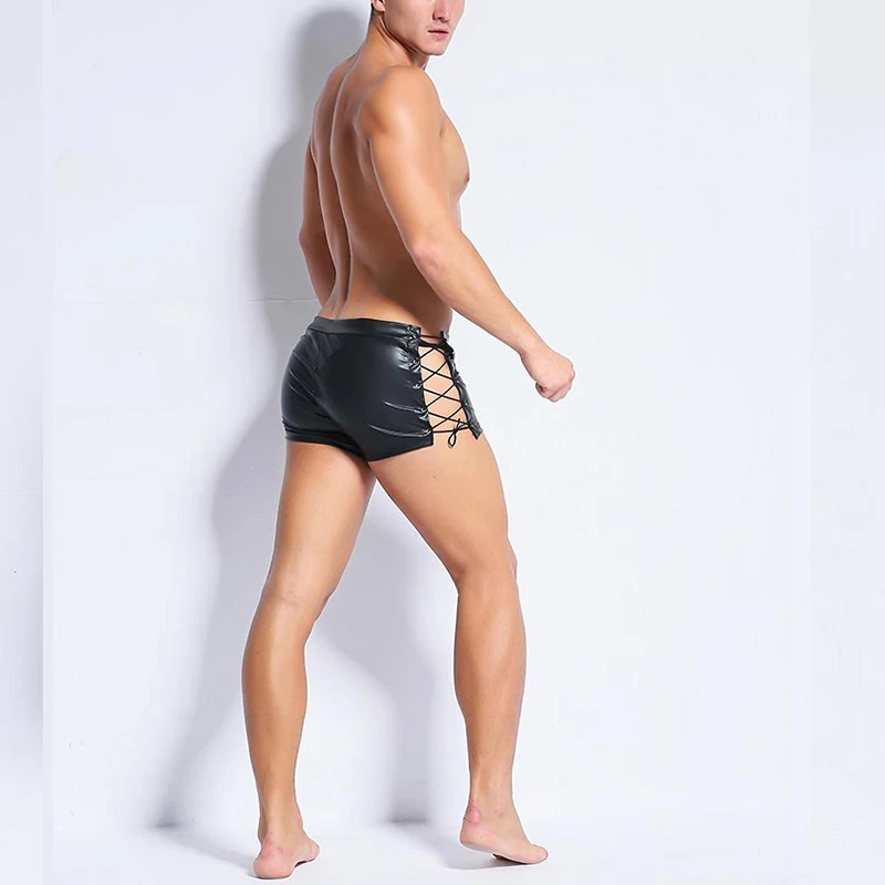 Plus Size Sexy Leather Men Boxer Shorts Lingerie Homme Gay Jockstrap Exotic Male Black Front  Zipper Lace Up Vinyl Underwear XXL