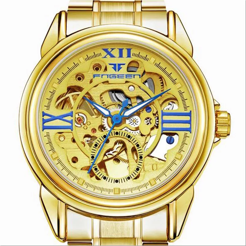 Golden Watches Men Skeleton Mechanical Watch Stainless Steel Top Brands Luxury Man Hollow Wristwatch | Наручные часы