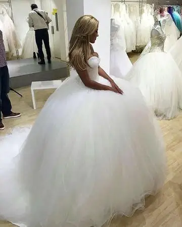 Strapless White Tulle Bling Bling Sequins Beaded Sweetheart Puffy Ball Gowns Wedding Dresses Long Bridal Dresses