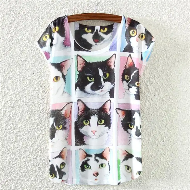 Женская футболка с коротким рукавом принтом в виде кота и лица лето 2015|women tshirt|tshirt