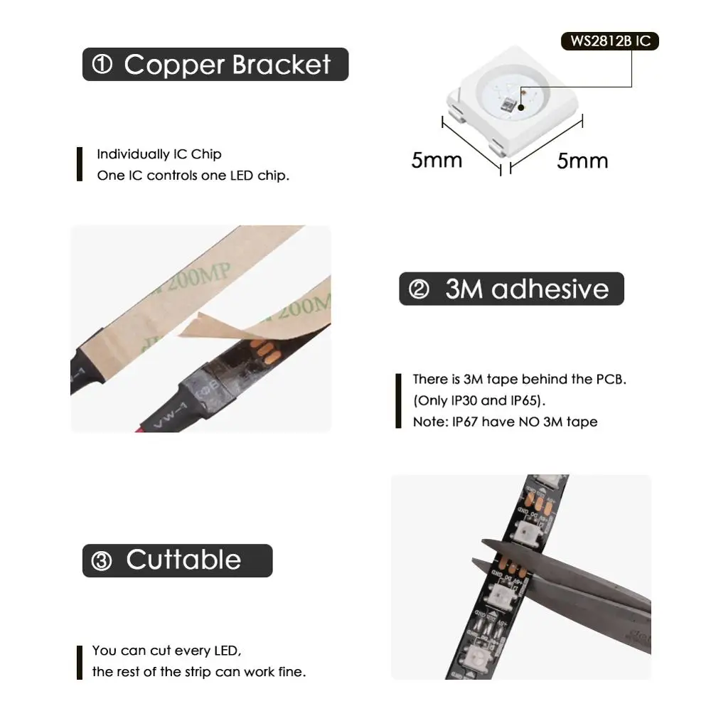 WS2812B LED Strip DC 5V 30/60/144 LEDs RGB Smart Addressable Pixel Black White PCB WS2812 IC 50CM 1M 2M 3M 4M 5M 17Key Bar KTV | Лампы и