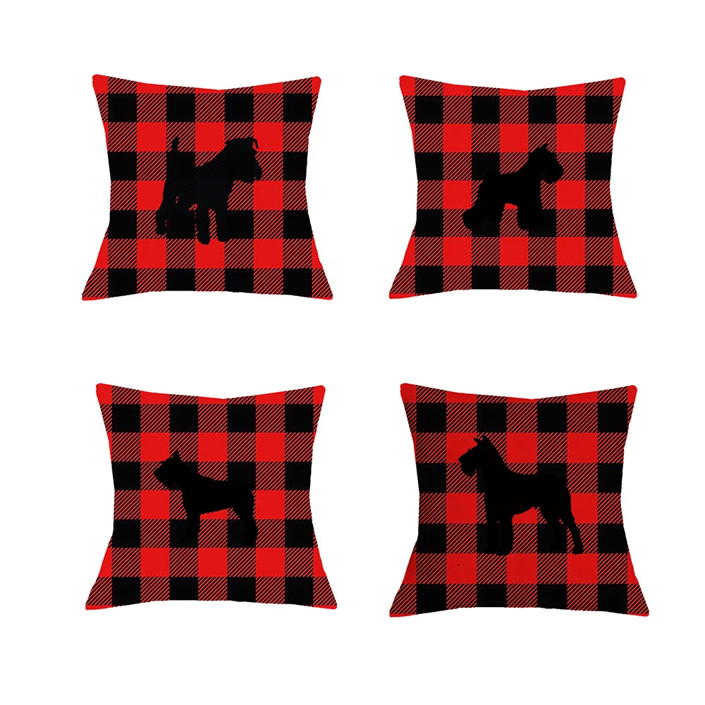 Novelty Schnauzer Image Throw Pillow Case Funny Silhouettes Cushion Cover Hot Red Black Plaid Design Pillow Case Friends Gifts
