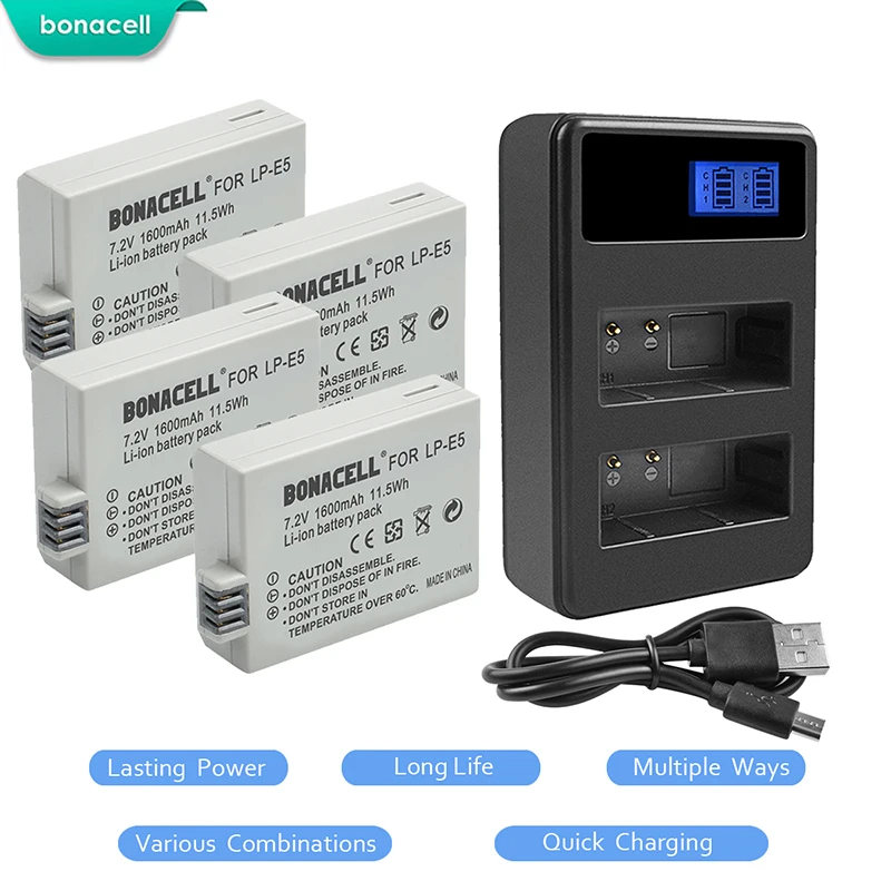 Bonacell 4 шт. LP E5 батарея + LCD двойное зарядное устройство для Canon EOS 450D 500D 1000D KISS X2 X3 F Rebel