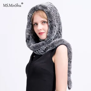 Вязаный шапка из меха кролика рекс с шарфом MS.MinShu, шарф с капюшоном из натурального меха, женская зимняя шапка, теплая меховая шапка