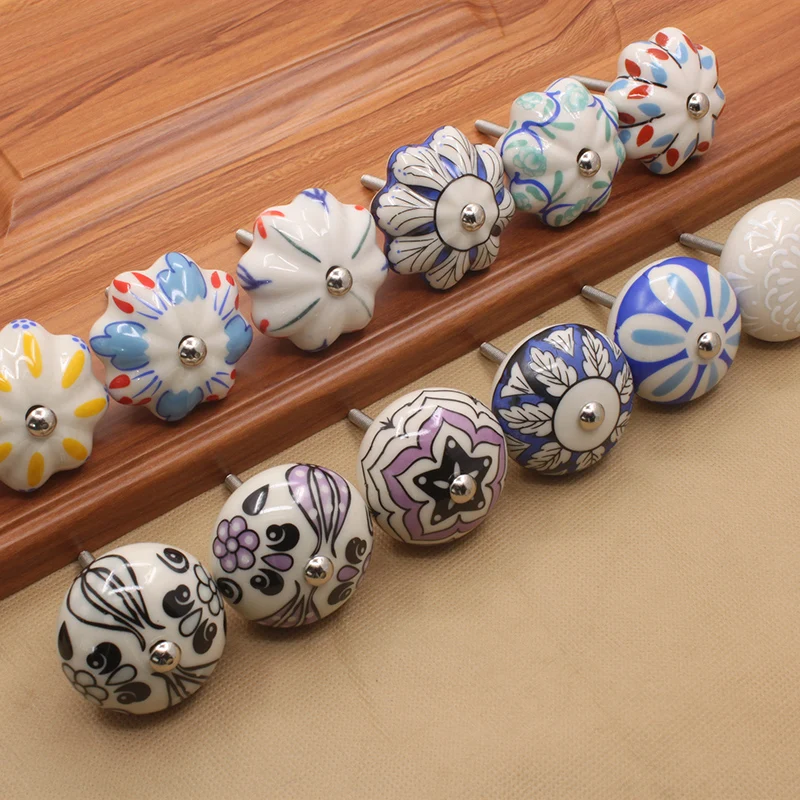 KAK 40mm Hand-painted Ceramic Drawer Knobs Porcelain Rural Cabinet Knob Cupboard Handles Mediterranean Furniture Handle Hardware