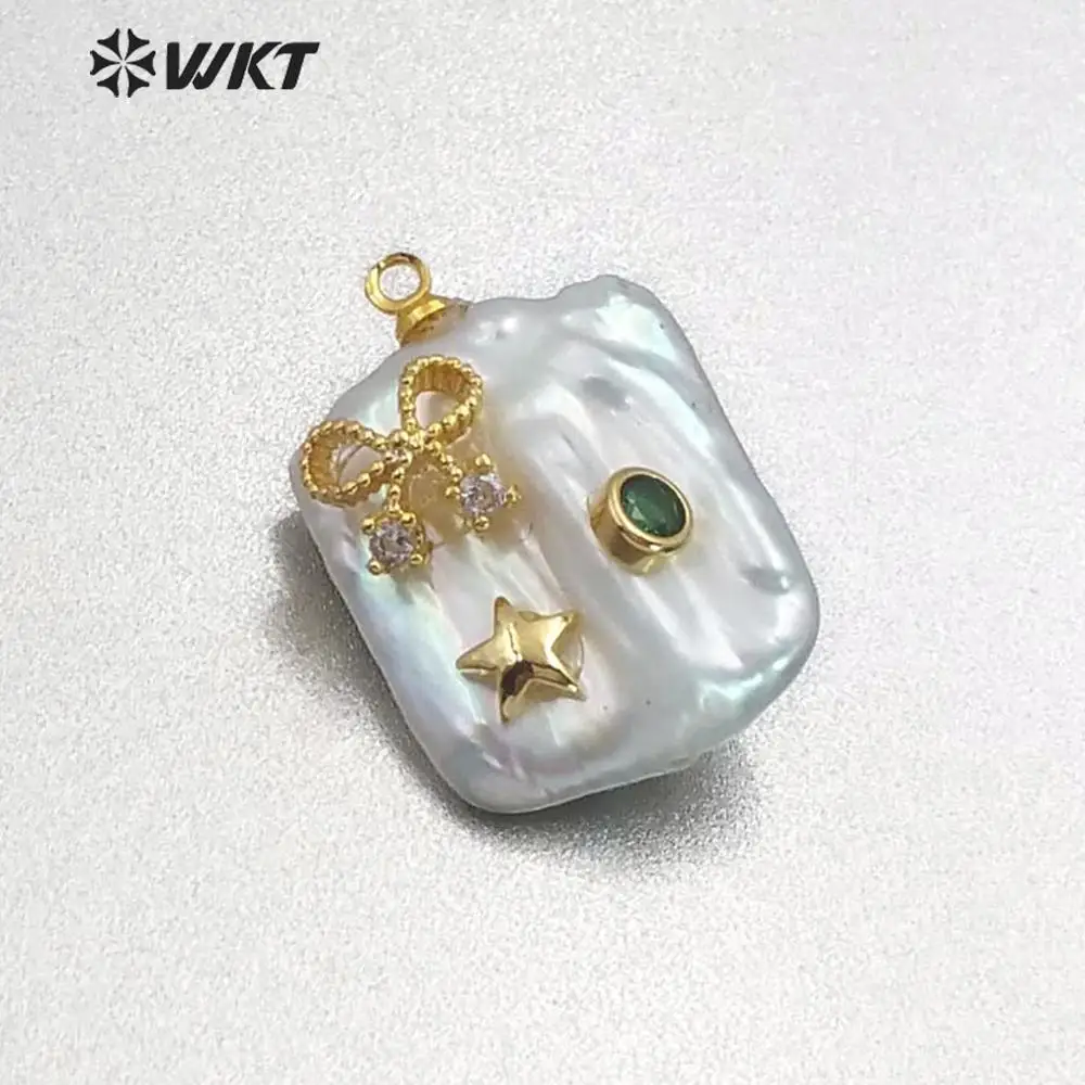 WT-MP136 Natural Freshwater Pearl&ampCZ Pave Pendant Square Shape With Gem stone pave Star Crescent Crown Bow Charm | Украшения и