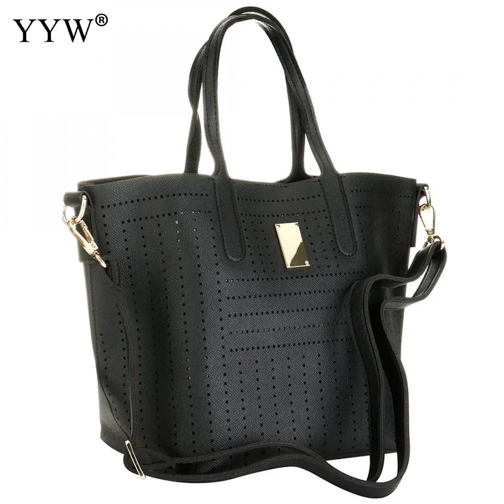 

Hollow Solid Black Bookbag High Quality Leather Women Bag Bucket Shoulder Bags Solid Big Handbag Large Capacity Top-Handle Bags