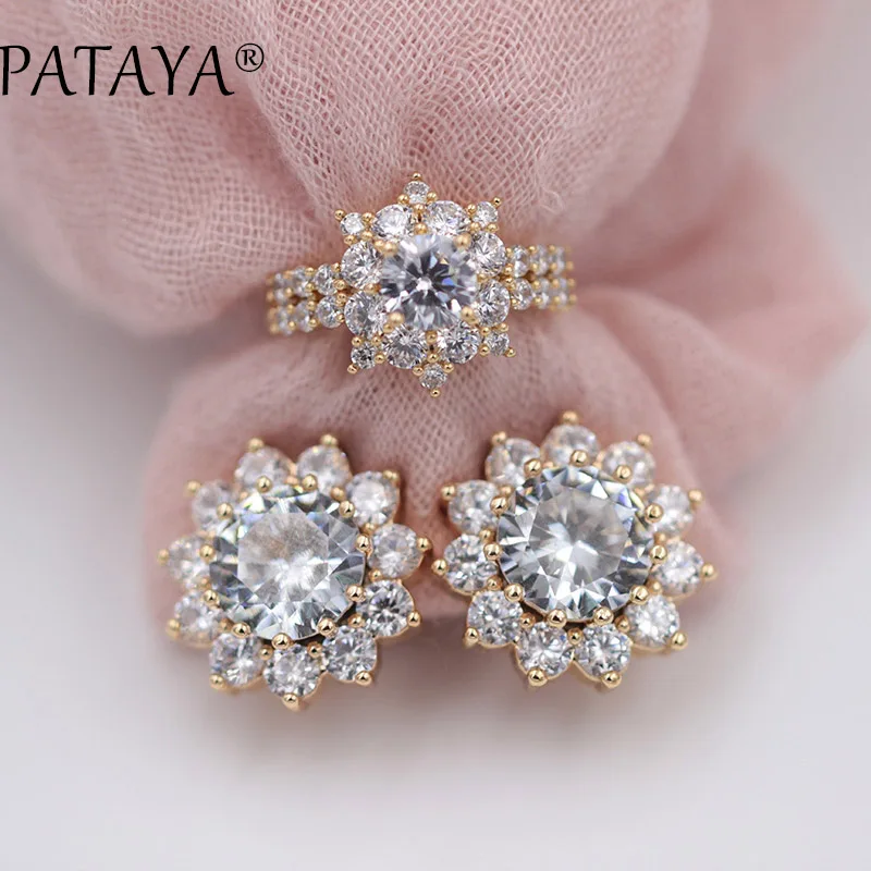 white PATAYA, Новое поступление, белый Подсолнух, Круглый, натуральный циркон, серьги, кольцо, наборы, 585, розовое золото, эксклюзивные женские роскошные свадебные ювелирные изделия - Окраска металла: white