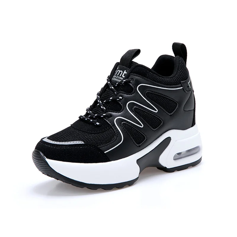 Black WADNASO Hide Heels Fashion Sneakers Women Breathable Wedges Casual Shoes Woman Lace Up Low Top Ladies Shoes zapatillas XZ129 - Color: Black