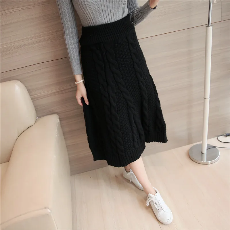 

2017Korean version of the new women's retro twist coarse needle winter wool loose waist pure color half-length skirt
