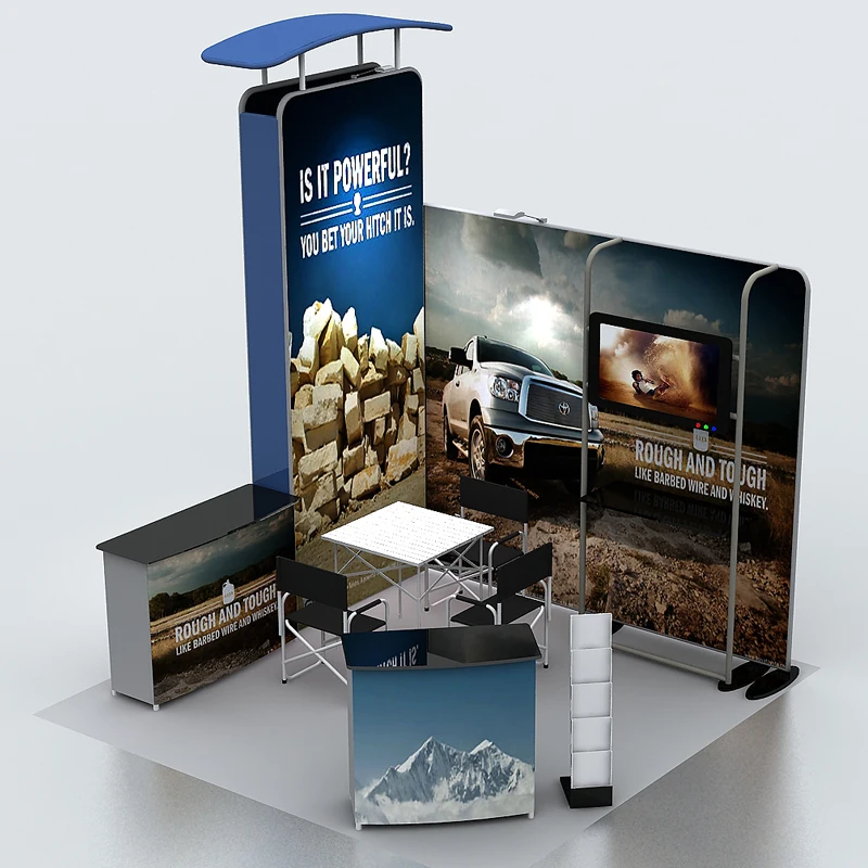 

10ft Portable Fabric Trade Show Display Pop Up Stand Booth System Kits with TV Mount Counter Custom Graphic Print