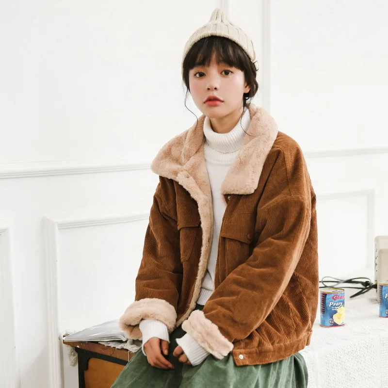 

Winter Female Cute Outerwear Coat Warm Parka Ladies woman Loose Corduroy Jacket Women New Thick Winter lambswool Jackets