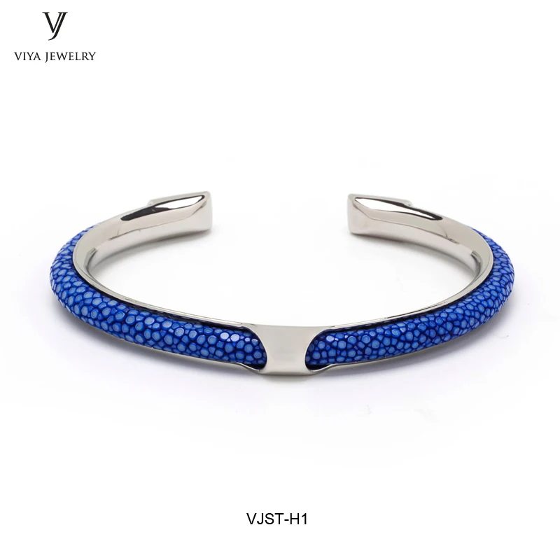 blue and silver Роскошный Браслет-манжета ручной работы из кожи ската для мужчин из натуральной кожи голубого цвета и розового золота - Окраска металла: blue and silver