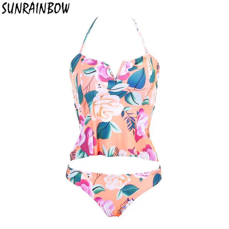 SUNRAINBOW 2019 New Printed Floral Swimsuit Women Swimwear Two Pieces Bikini Summer Halter Top Vintage Tankini Bathing Suit Swim |