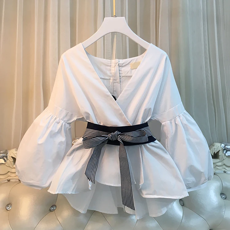 

Women Elegant Puffy Sleeve V-neck Spring Summer Blouse Top