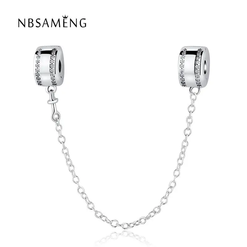 

925 Sterling Silver Bead Classic Cubic Zirconia Safety Chain Charm Fit Pandora Original Bracelet DIY Charms Jewelry