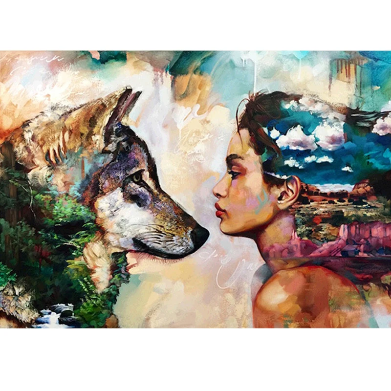 

5D DIY Full Round Diamond Painting Wolf and Girl Pattern Diamond Embroidery Cross Stitch Stickers Home Decor Handmade Craft