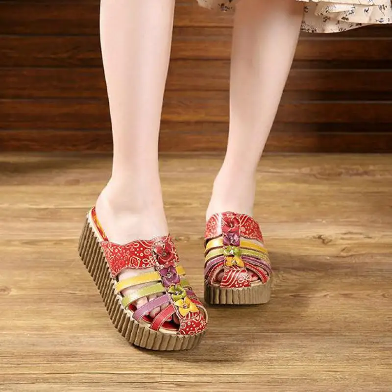 

Johnature National Style Genuine Leather Hand-painted Summer Slippers Outside Platform Sandals Casual Wedges Slides Women Shoes