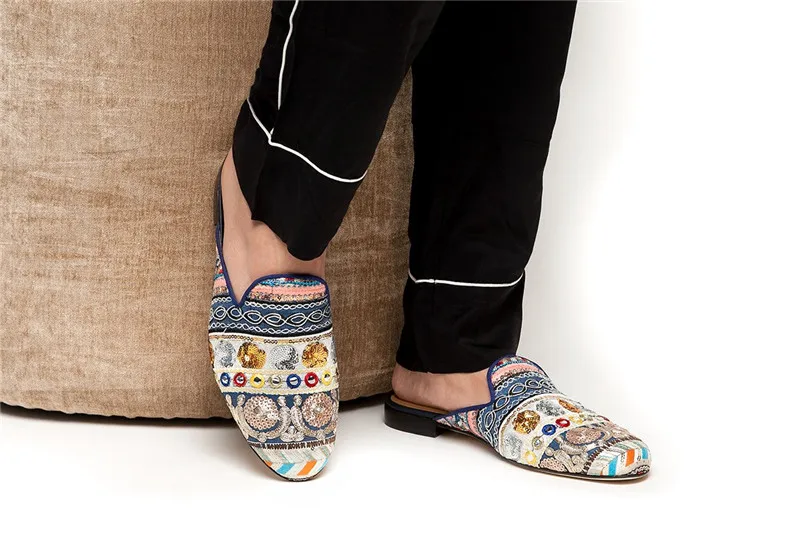 Мужские этнические туфли с ручной вышивкой Слипоны в богемном стиле Парусиновые