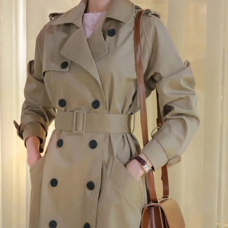 Женский двубортный Тренч цвета хаки длинное пальто элегантная ветровка тренчкот