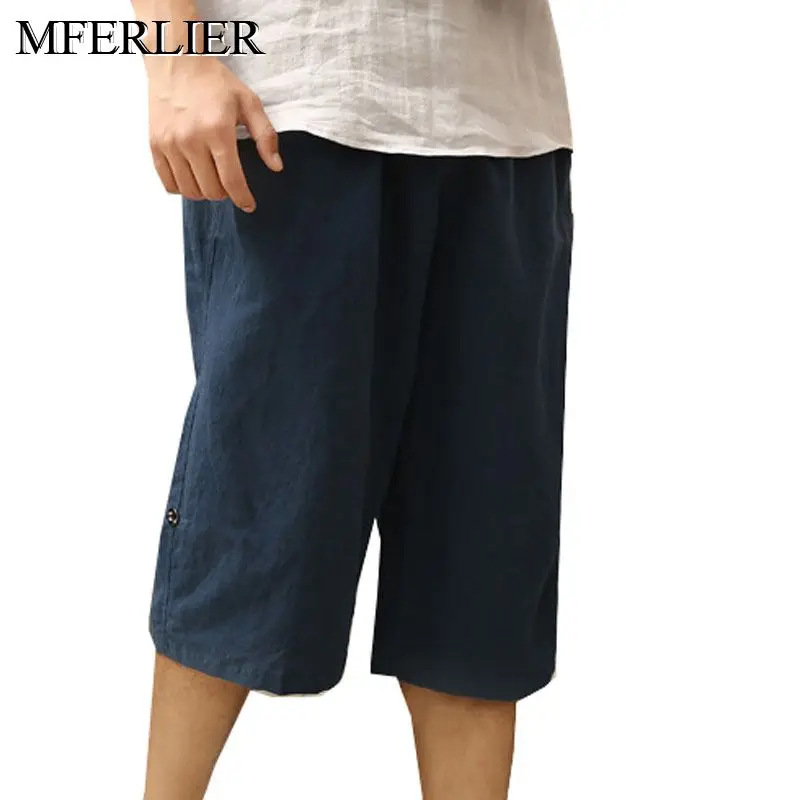 

Летние мужские короткие штаны 5XL 6XL 7XL 8XL, талия 140 см, хлопок, лен, эластичная резинка на талии, тонкие Стильные Мужские штаны длиной до середин...