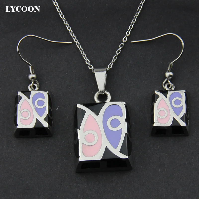 

LYCOON newest stainless steel square shape with pink purple resin pendant necklace enamel earrings jewelry set for women LYS006
