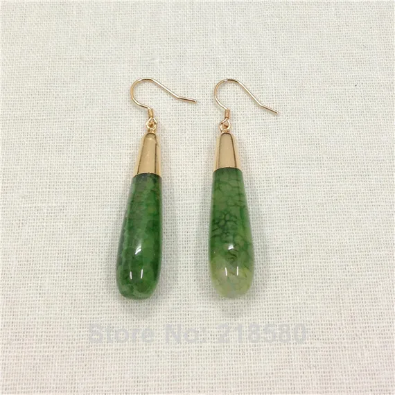 

H-CE30 Corn Shape Healing Crystal Green Dragon Agat Dangle Earrings Gold Color