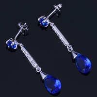 valuable water drop blue cubic zirconia white cz silver plated drop dangle earrings v1029