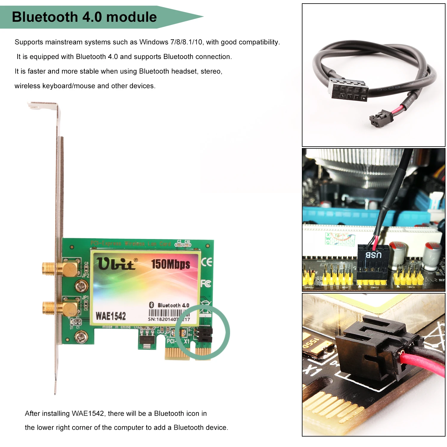 Ubit Bluetooth 4,0 настольная беспроводная сетевая карта, PCI-Express с функцией Bluetooth 2,4G 150M для ПК Windows XP/7/8/10