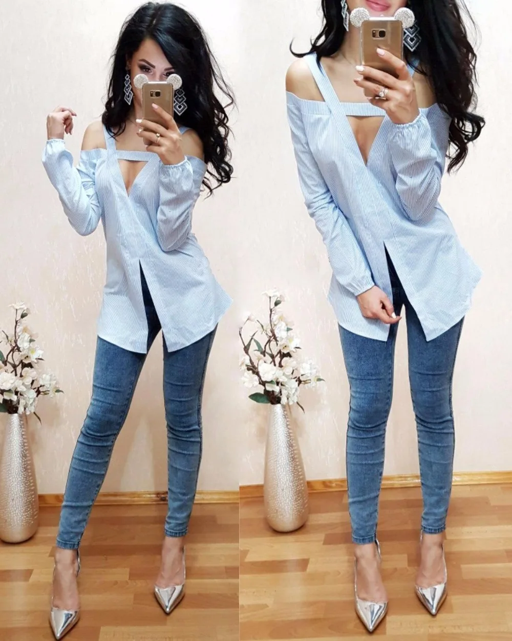 2017 spring autumn women sexy fashion deep V collar shirt blue stripes white long sleeves strapless casual comfortable blouse |