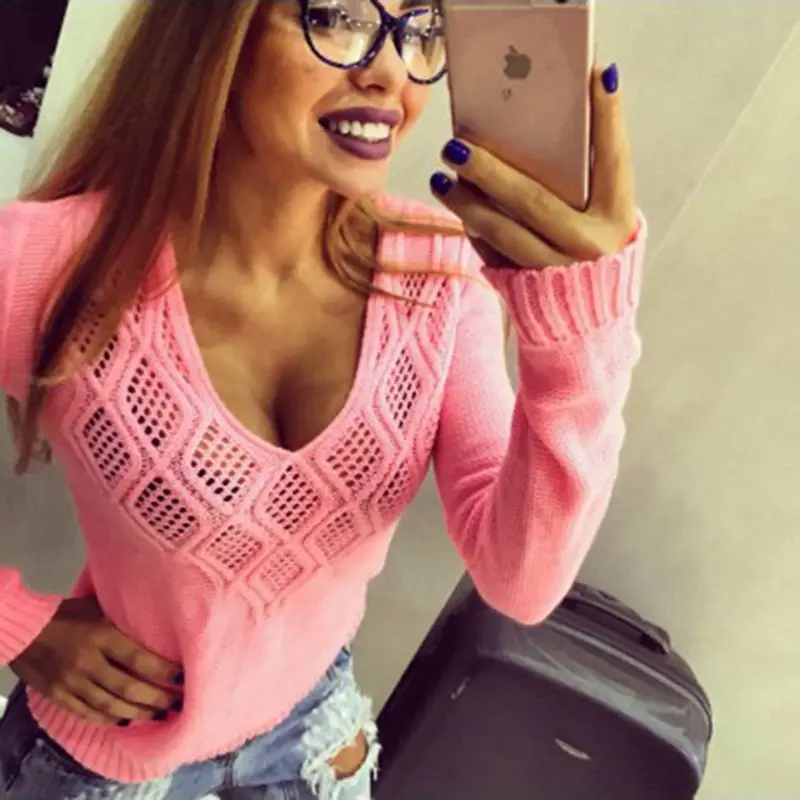 2017 Осень для отдыха модные женские туфли вязаный свитер Глубокий V-образным