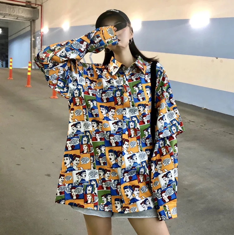 Весна, Новая высококачественная японская рубашка Harajuku Ulzzang, свободная контрастная цветная повседневная женская рубашка с длинным рукавом